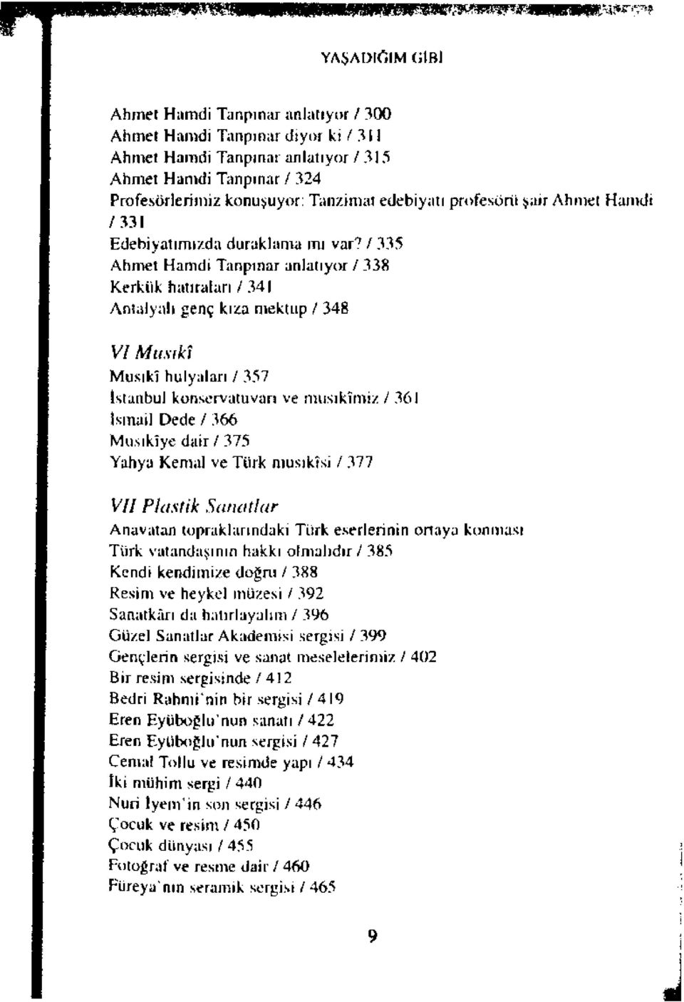 / 335 Ahmet Hamdi Tanpınar anlatıyor / 338 Kerkük hatıraları / 341 Antalyalı genç kıza mektup / 348 VI Musiki Musiki hülyaları / 357 istanbul konservatuvarı ve musikîmiz / 361 ismail Dede / 366