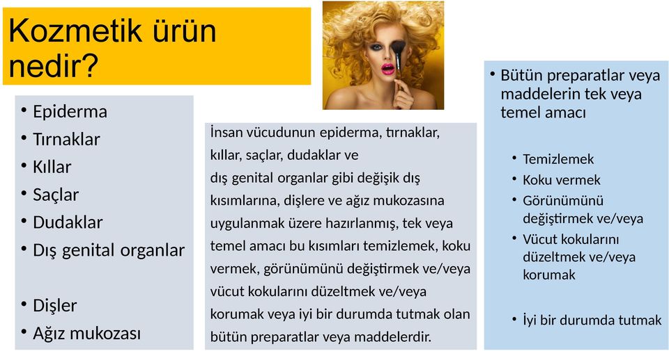 organlar gibi değişik dış kısımlarına, dişlere ve ağız mukozasına uygulanmak üzere hazırlanmış, tek veya temel amacı bu kısımları temizlemek, koku vermek,