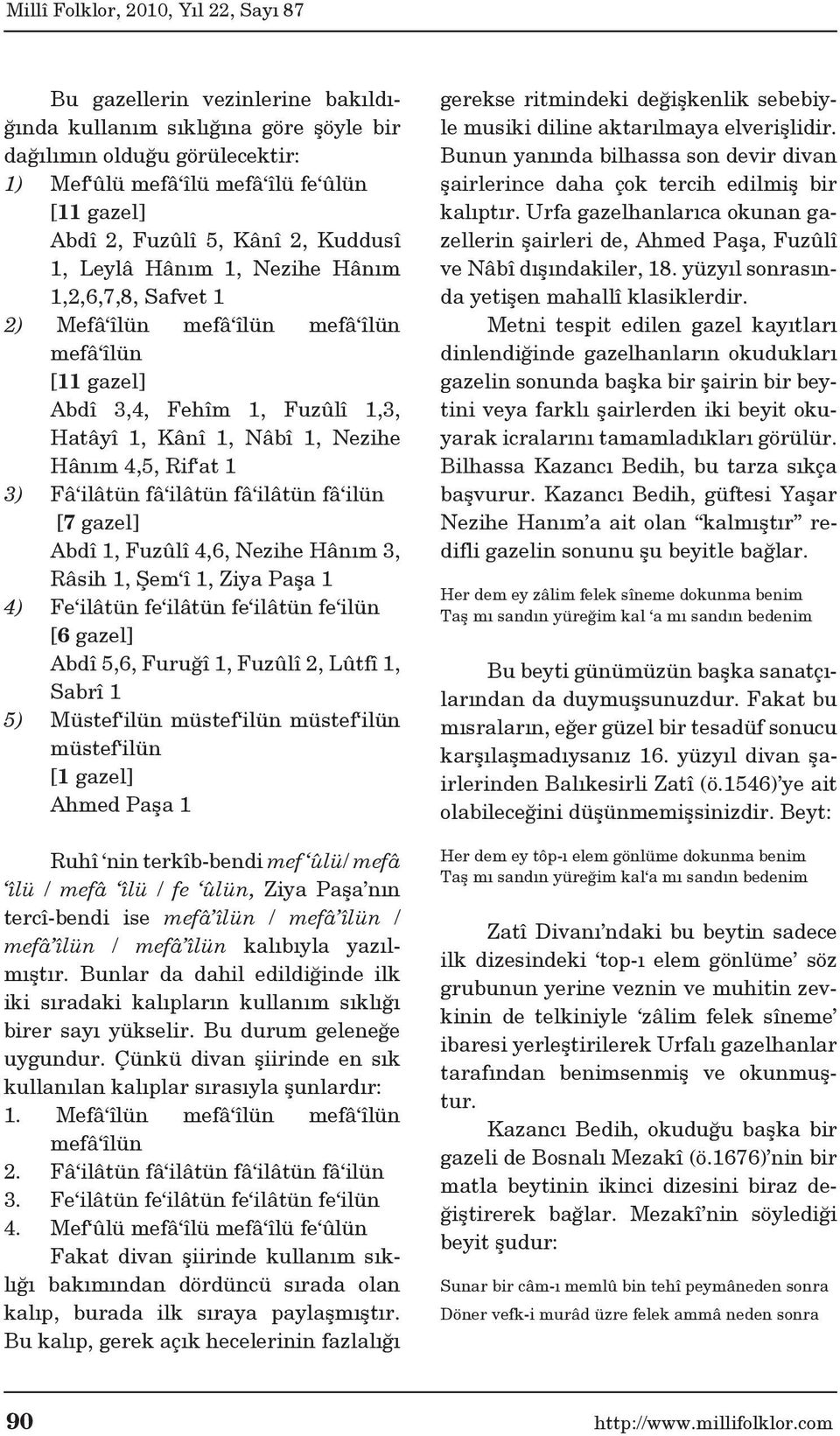 fâ ilâtün fâ ilâtün fâ ilün [7 gazel] Abdî, Fuzûlî 4,6, Nezihe Hânım 3, Râsih, Şem î, Ziya Paşa 4) Fe ilâtün fe ilâtün fe ilâtün fe ilün [6 gazel] Abdî 5,6, Furuğî, Fuzûlî 2, Lûtfî, Sabrî 5) Müstef