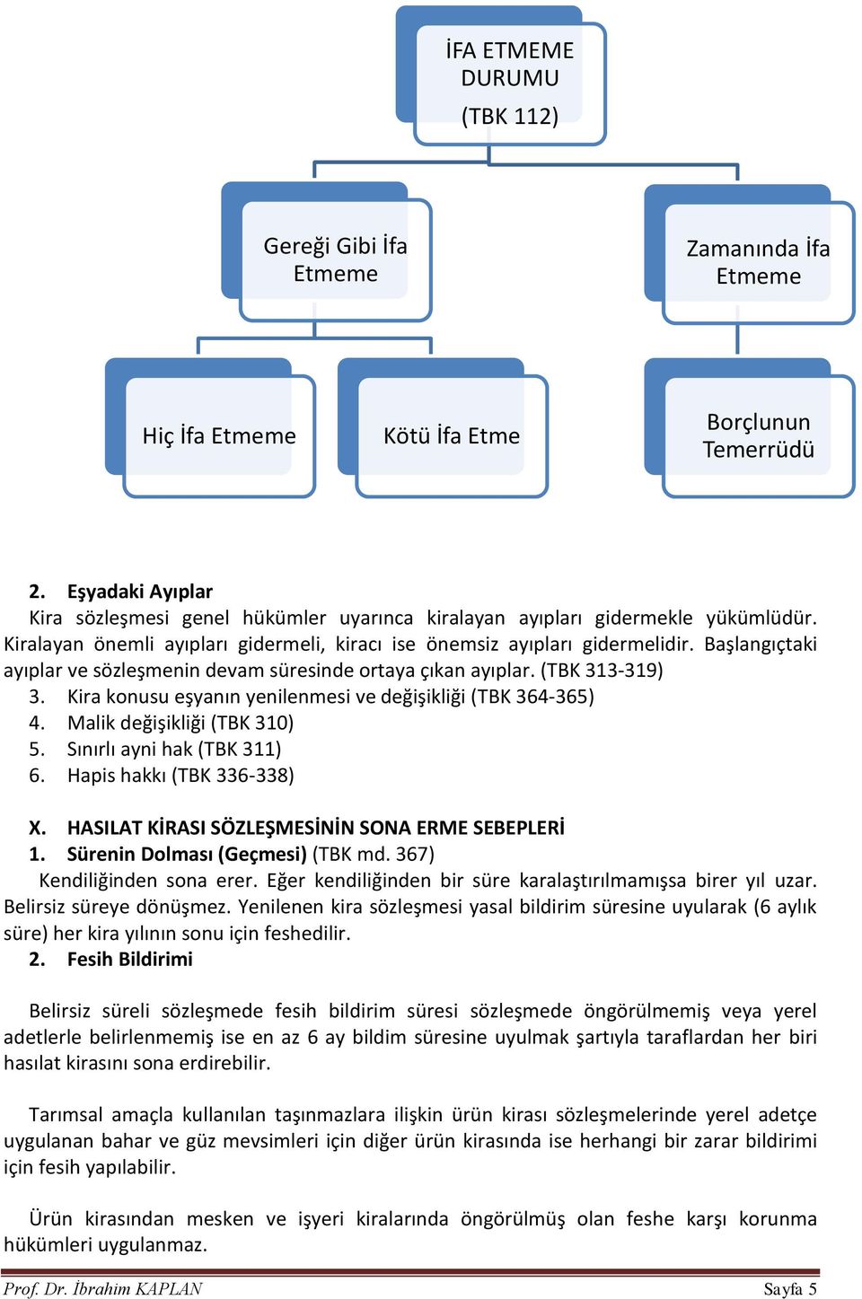 Başlangıçtaki ayıplar ve sözleşmenin devam süresinde ortaya çıkan ayıplar. (TBK 313-319) 3. Kira konusu eşyanın yenilenmesi ve değişikliği (TBK 364-365) 4. Malik değişikliği (TBK 310) 5.