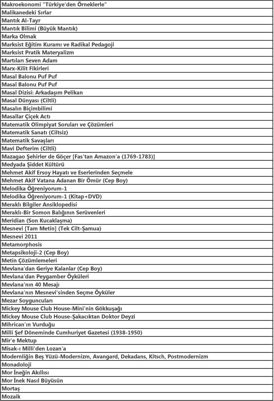 ve Çözümleri Matematik Sanatı (Ciltsiz) Matematik Savaşları Mavi Defterim (Ciltli) Mazagao Şehirler de Göçer [Fas'tan Amazon'a (1769-1783)] Medyada Şiddet Kültürü Mehmet Akif Ersoy Hayatı ve