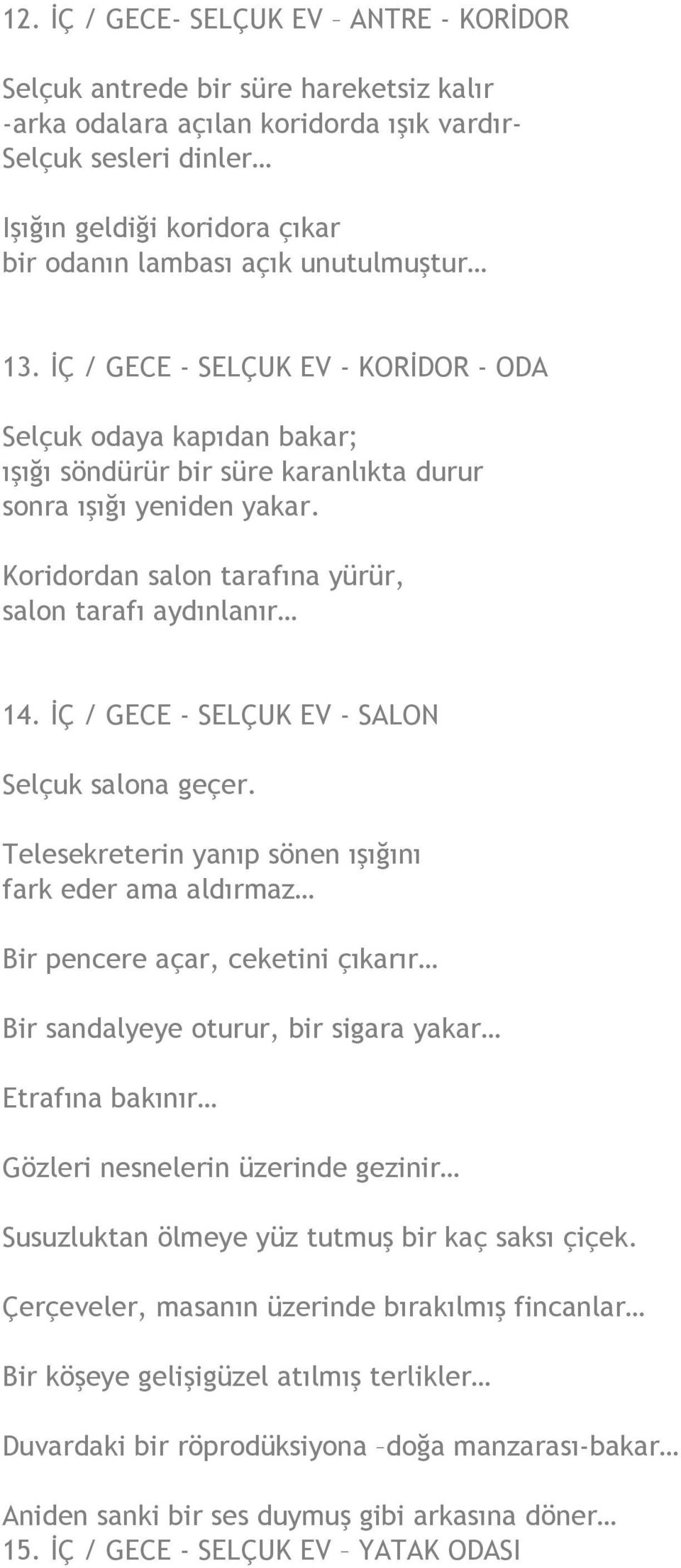 Koridordan salon tarafına yürür, salon tarafı aydınlanır 14. İÇ / GECE - SELÇUK EV - SALON Selçuk salona geçer.