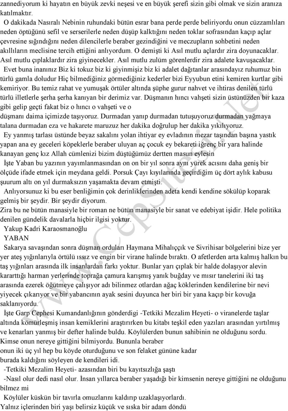 çevresine sığındığını neden dilencilerle beraber gezindiğini ve meczupların sohbetini neden akıllıların meclisine tercih ettiğini anlıyordum. O demişti ki Asıl mutlu açlardır zira doyunacaklar.