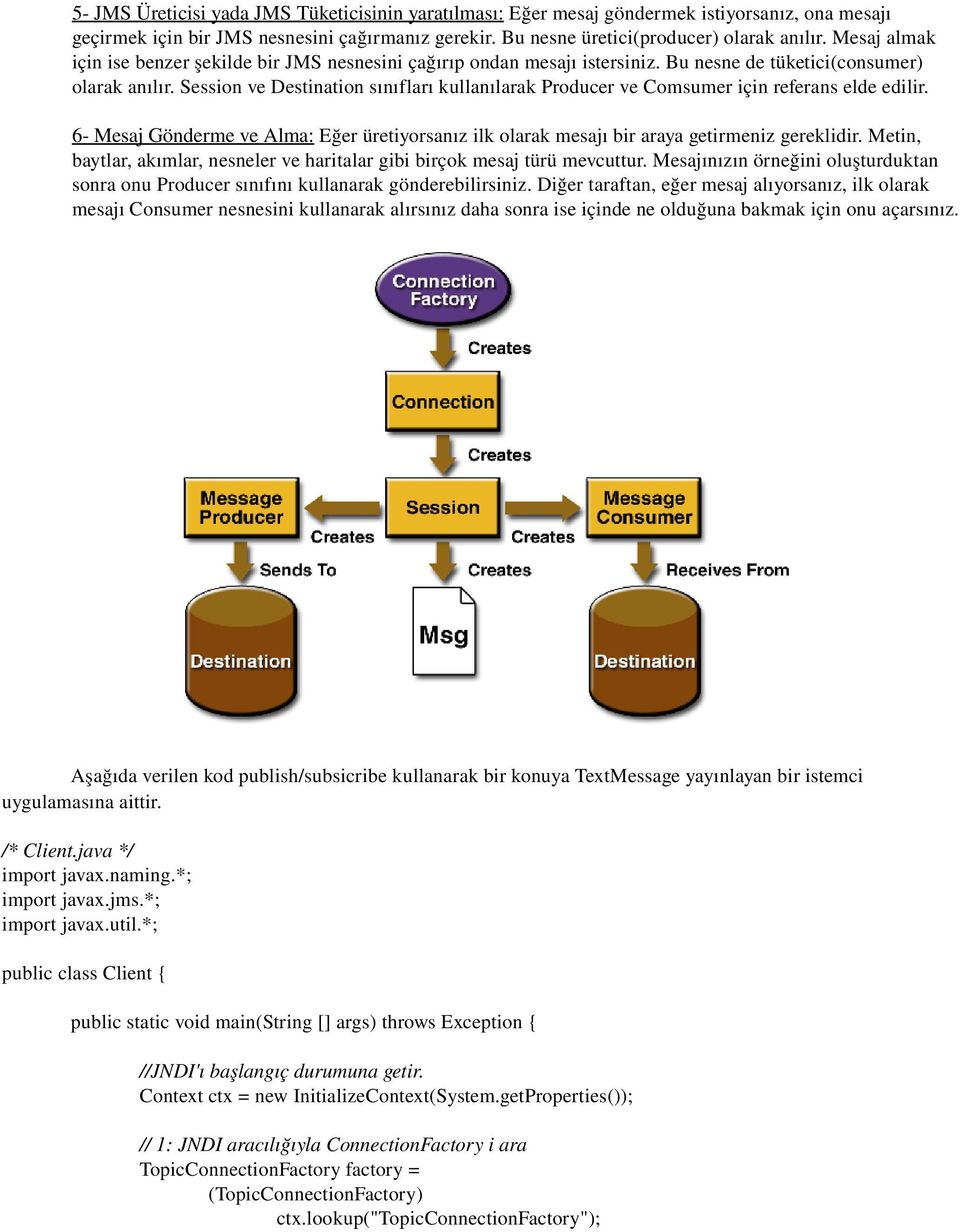 Session ve Destination sınıfları kullanılarak Producer ve Comsumer için referans elde edilir. 6 Mesaj Gönderme ve Alma: Eğer üretiyorsanız ilk olarak mesajı bir araya getirmeniz gereklidir.