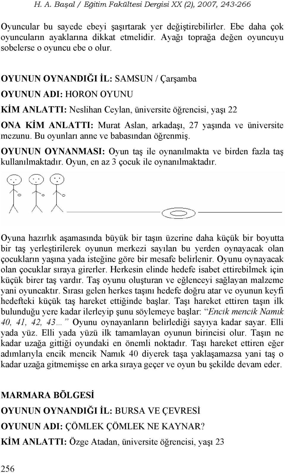 Bu oyunları anne ve babasından öğrenmiş. OYUNUN OYNANMASI: Oyun taş ile oynanılmakta ve birden fazla taş kullanılmaktadır. Oyun, en az 3 çocuk ile oynanılmaktadır.