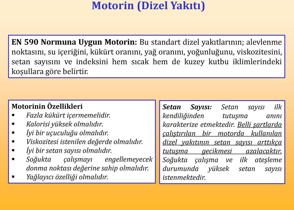 Viskozitesi istenilen değerde olmalıdır. İyi bir setan sayısı olmalıdır. Soğukta çalışmayı engellemeyecek donma noktası değerine sahip olmalıdır. Yağlayıcı özelliği olmalıdır.