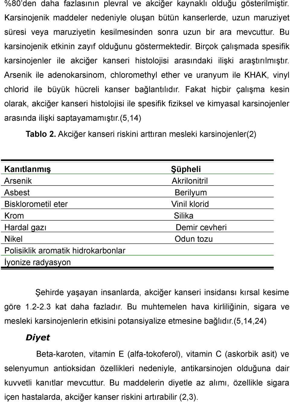 Birçok çalışmada spesifik karsinojenler ile akciğer kanseri histolojisi arasındaki ilişki araştırılmıştır.