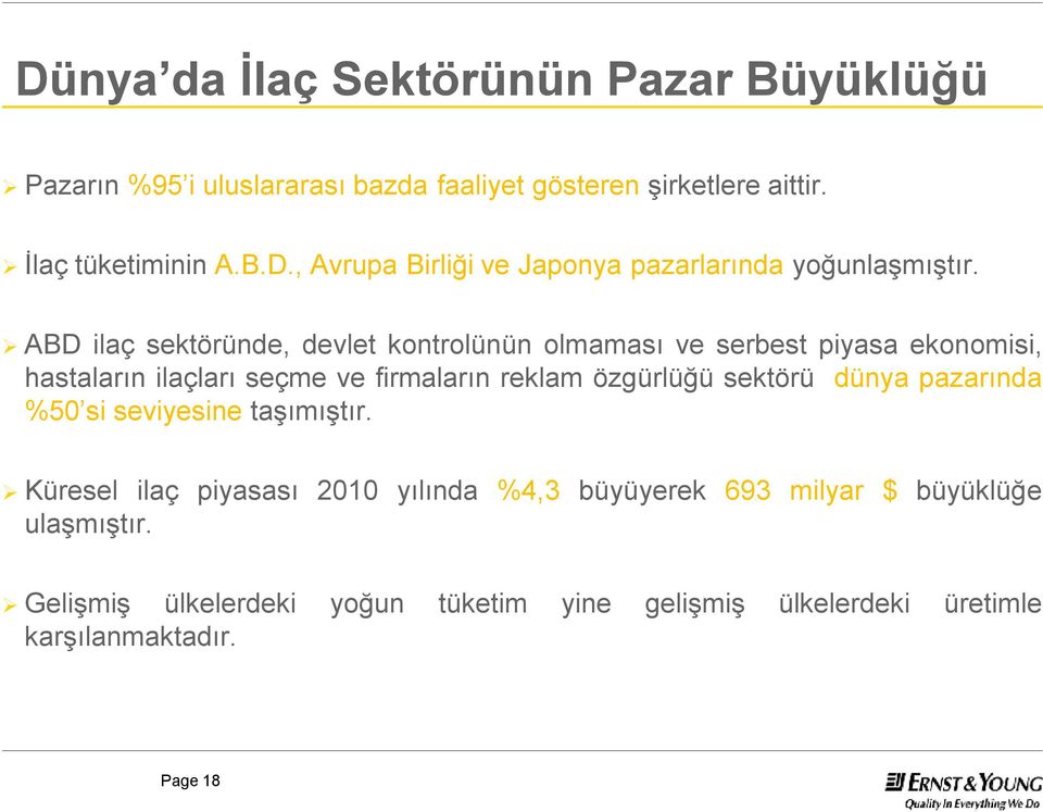 sektörü dünya pazarında %50 si seviyesine taşımıştır. Küresel ilaç piyasası 2010 yılında %4,3 büyüyerek 693 milyar $ büyüklüğe ulaşmıştır.