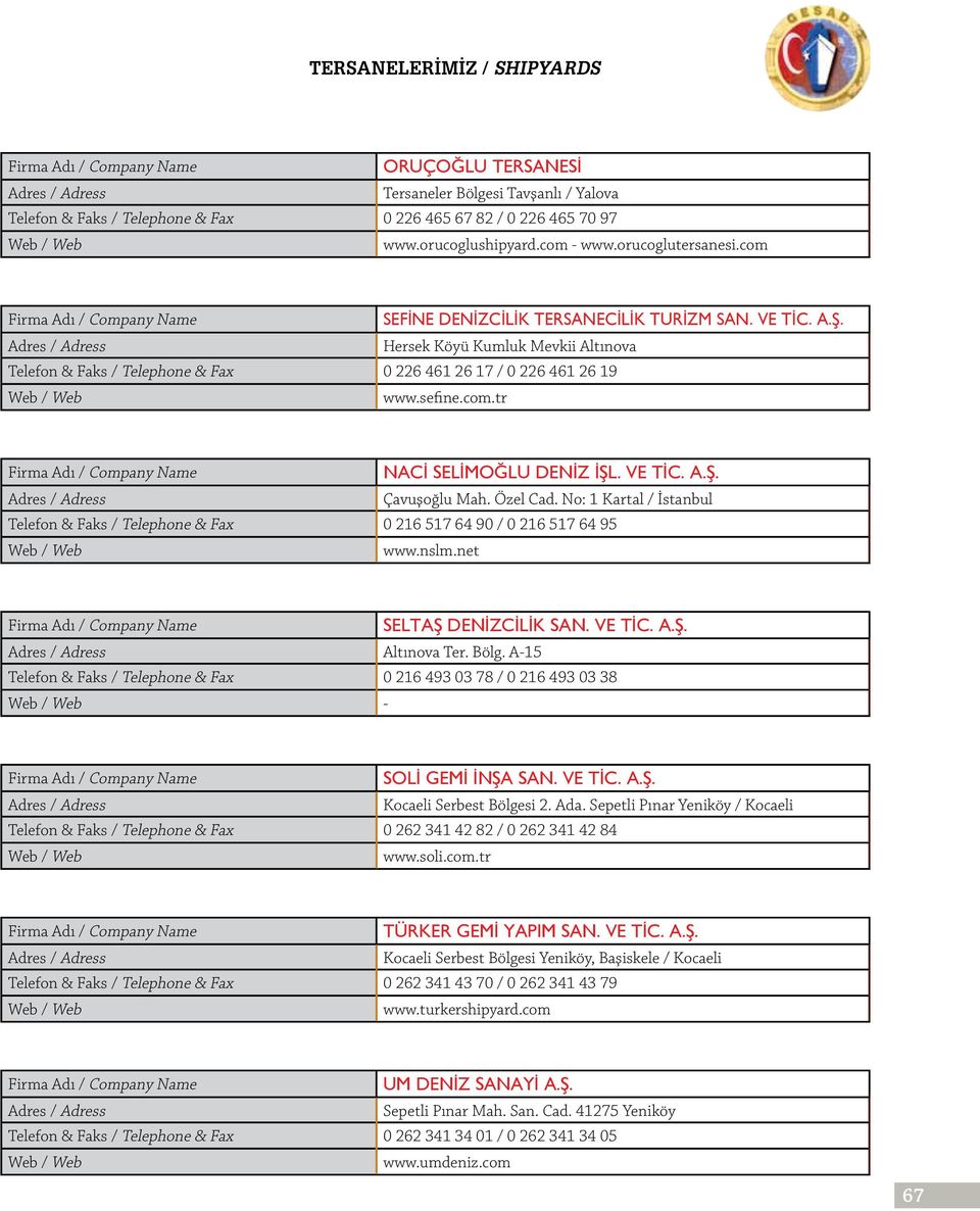 VE TİC. A.Ş. Çavuşoğlu Mah. Özel Cad. No: 1 Kartal / İstanbul Telefon & Faks / Telephone & Fax 0 216 517 64 90 / 0 216 517 64 95 www.nslm.net SELTAŞ DENİZCİLİK SAN. VE TİC. A.Ş. Altınova Ter. Bölg.