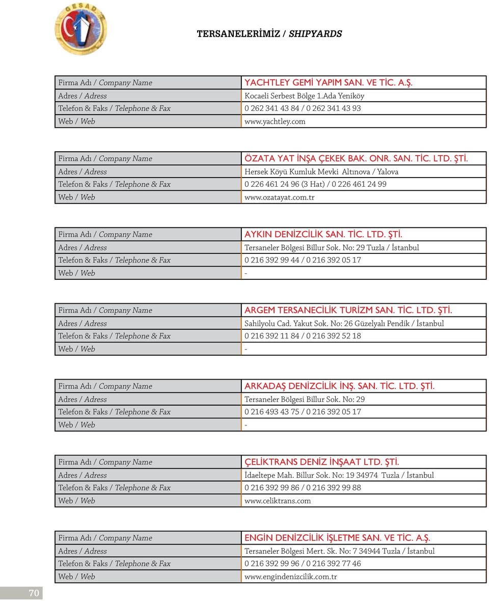 Tersaneler Bölgesi Billur Sok. No: 29 Tuzla / İstanbul Telefon & Faks / Telephone & Fax 0 216 392 99 44 / 0 216 392 05 17 - ARGEM TERSANECİLİK TURİZM SAN. TİC. LTD. ŞTİ. Sahilyolu Cad. Yakut Sok.