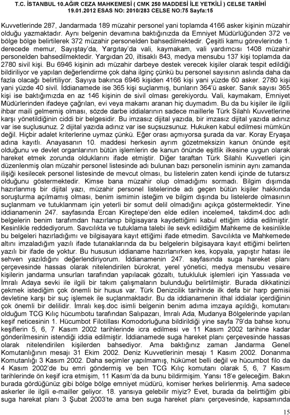 derecede memur, Sayıştay da, Yargıtay da vali, kaymakam, vali yardımcısı 1408 müzahir personelden bahsedilmektedir. Yargıdan 20, iltisaklı 843, medya mensubu 137 kişi toplamda da 2780 sivil kişi.