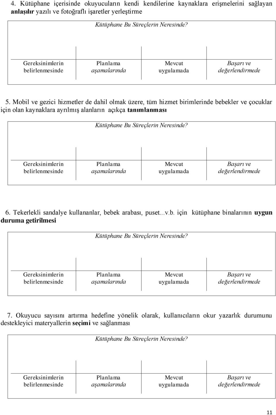 Mobil ve gezici hizmetler de dahil olmak üzere, tüm hizmet birimlerinde bebekler ve çocuklar için olan kaynaklara ayrılmış alanların