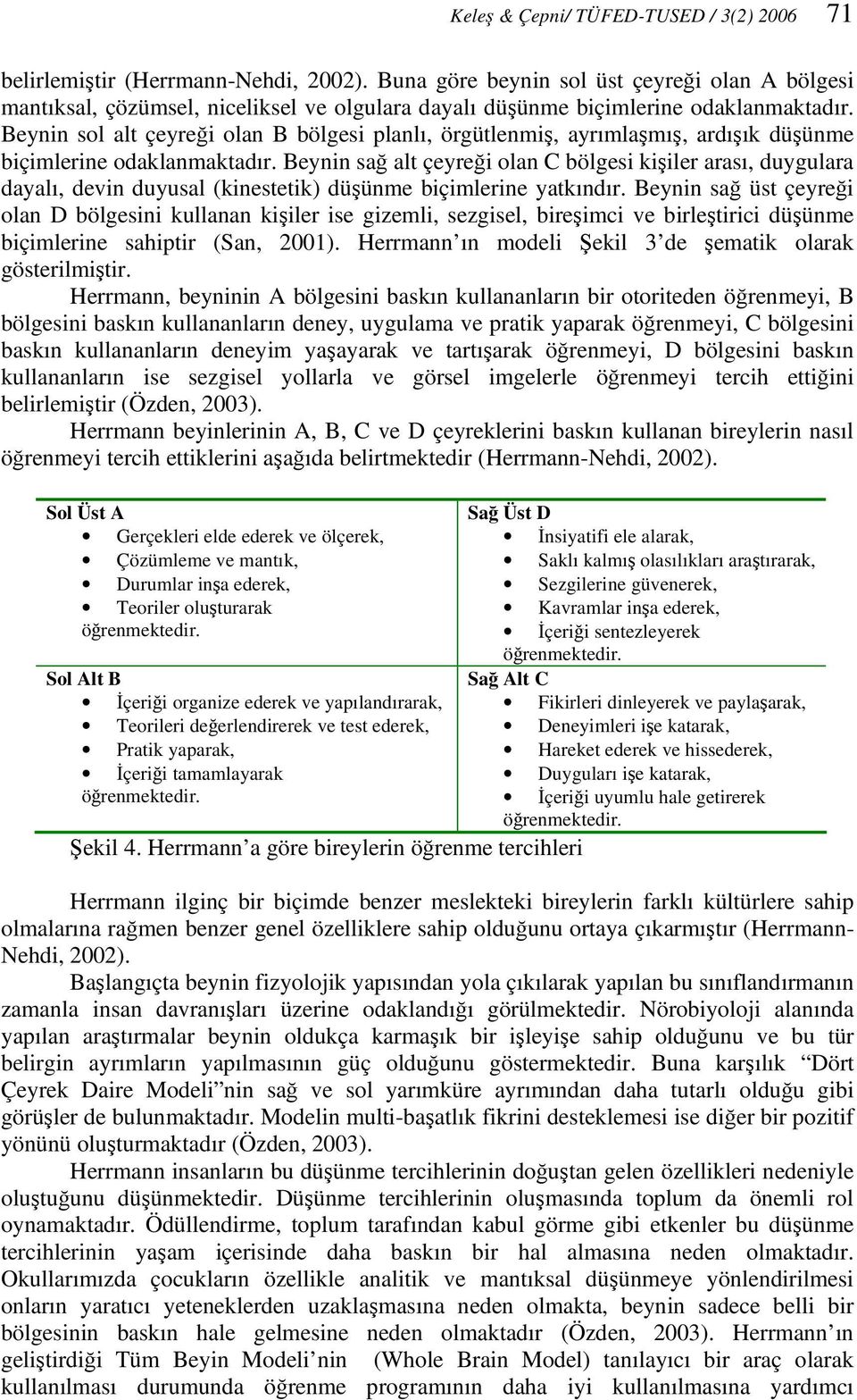 Beynin sol alt çeyreği olan B bölgesi planlı, örgütlenmiş, ayrımlaşmış, ardışık düşünme biçimlerine odaklanmaktadır.