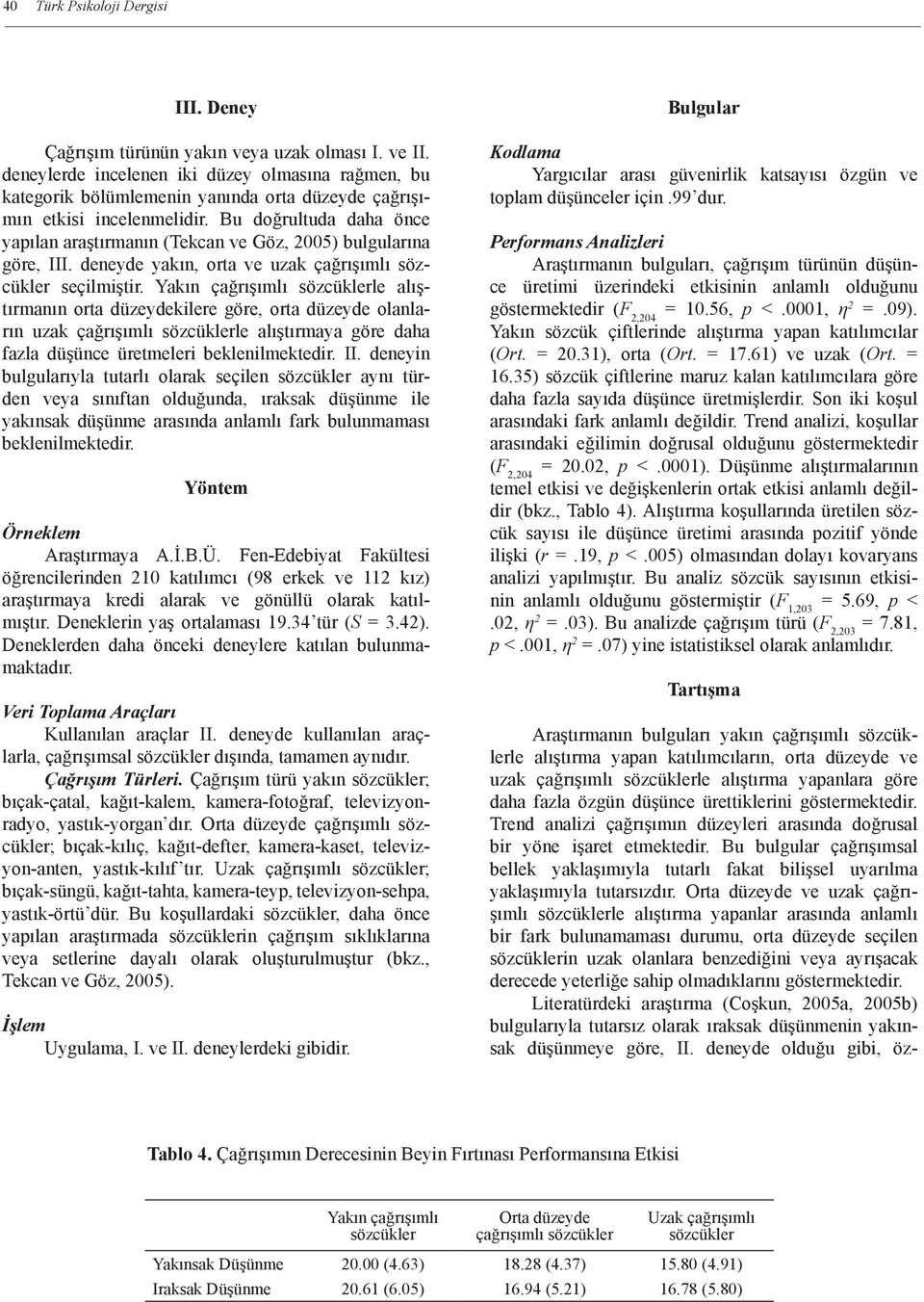 Bu doğrultuda daha önce yapılan araştırmanın (Tekcan ve Göz, 2005) bulgularına göre, III. deneyde yakın, orta ve uzak çağrışımlı sözcükler seçilmiştir.