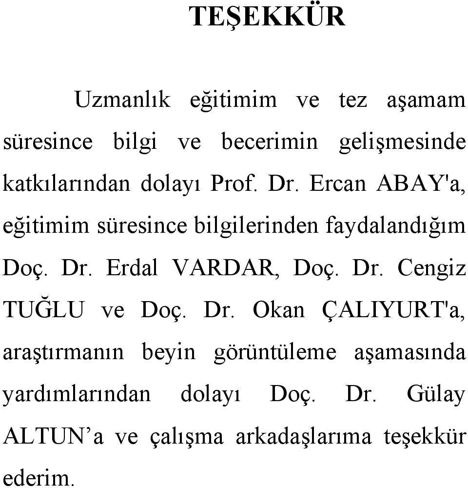 Ercan ABAY'a, eğitimim süresince bilgilerinden faydalandığım Doç. Dr. Erdal VARDAR, Doç. Dr. Cengiz TUĞLU ve Doç.