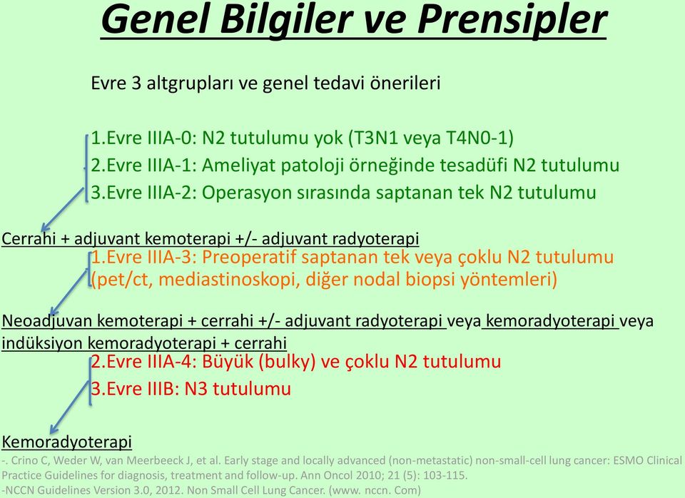 Evre IIIA-3: Preoperatif saptanan tek veya çoklu N2 tutulumu (pet/ct, mediastinoskopi, diğer nodal biopsi yöntemleri) Neoadjuvan kemoterapi + cerrahi +/- adjuvant radyoterapi veya kemoradyoterapi