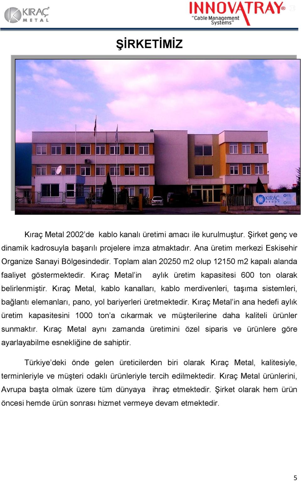 Kıraç Metal in aylık üretim kapasitesi 600 ton olarak belirlenmiştir. Kıraç Metal, kablo kanalları, kablo merdivenleri, taşıma sistemleri, bağlantı elemanları, pano, yol bariyerleri üretmektedir.