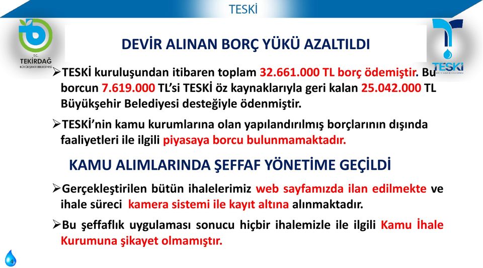 TESKİ nin kamu kurumlarına olan yapılandırılmış borçlarının dışında faaliyetleri ile ilgili piyasaya borcu bulunmamaktadır.