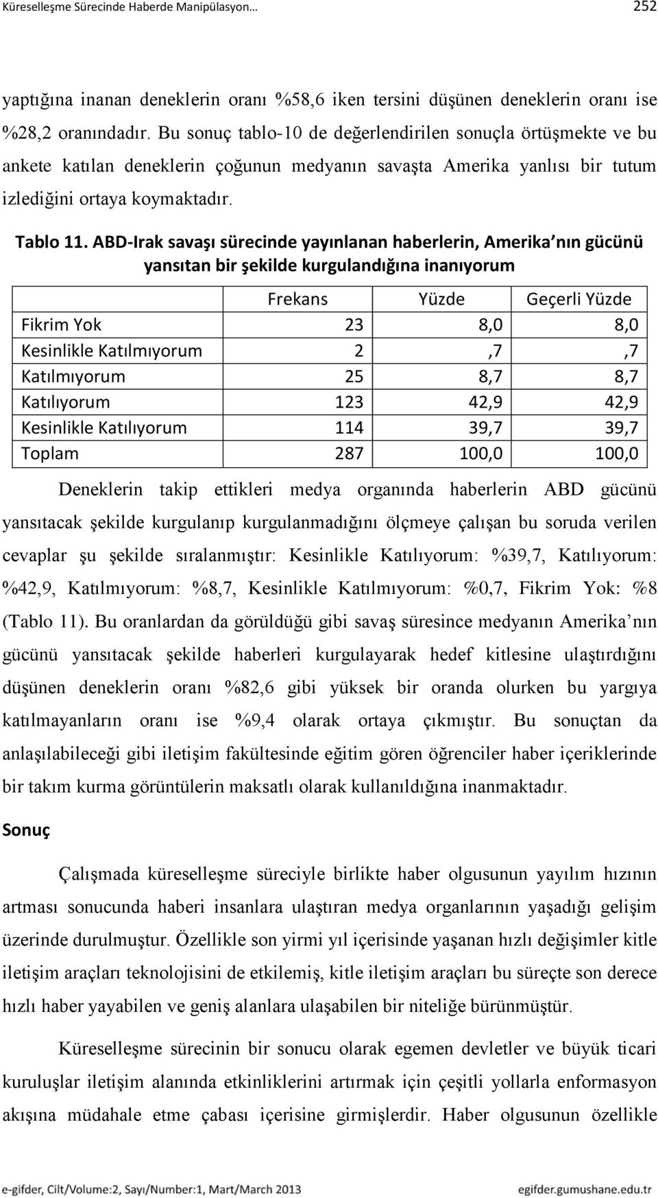 ABD-Irak savaşı sürecinde yayınlanan haberlerin, Amerika nın gücünü yansıtan bir şekilde kurgulandığına inanıyorum Frekans Yüzde Geçerli Yüzde Fikrim Yok 23 8,0 8,0 Kesinlikle Katılmıyorum 2,7,7