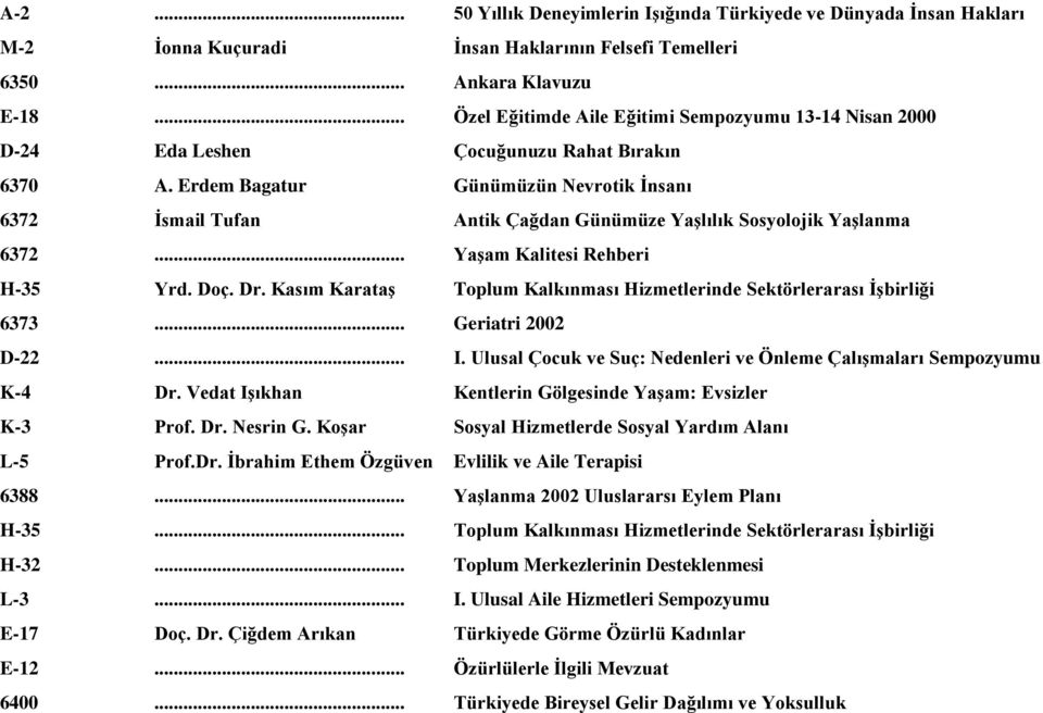 Erdem Bagatur Günümüzün Nevrotik İnsanı 6372 İsmail Tufan Antik Çağdan Günümüze Yaşlılık Sosyolojik Yaşlanma 6372... Yaşam Kalitesi Rehberi H-35 Yrd. Doç. Dr.