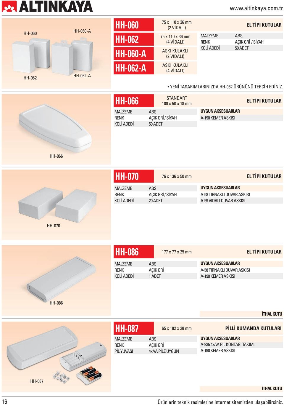 HH-066 STANDART 100 x 50 x 18 mm EL TİPİ KUTULAR 50 ADET A-190 KEMER ASKISI HH-066 HH-070 76 x 136 x 50 mm EL TİPİ KUTULAR A-58 TIRNAKLI DUVAR ASKISI A-59 VIDALI DUVAR ASKISI