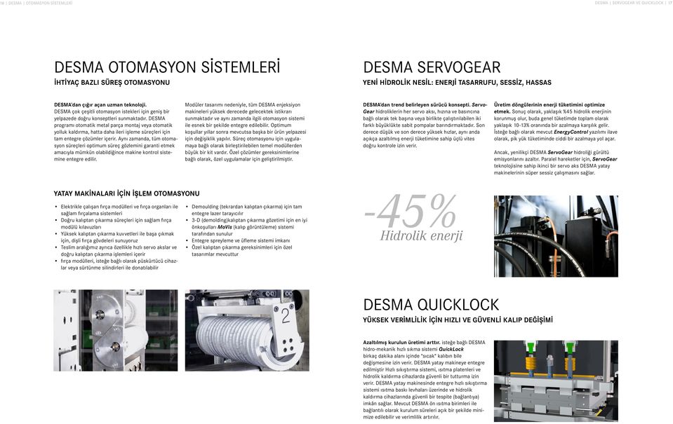 DESMA programı otomatik metal parça montaj veya otomatik yolluk kaldırma, hatta daha ileri işleme süreçleri için tam entegre çözümler içerir.