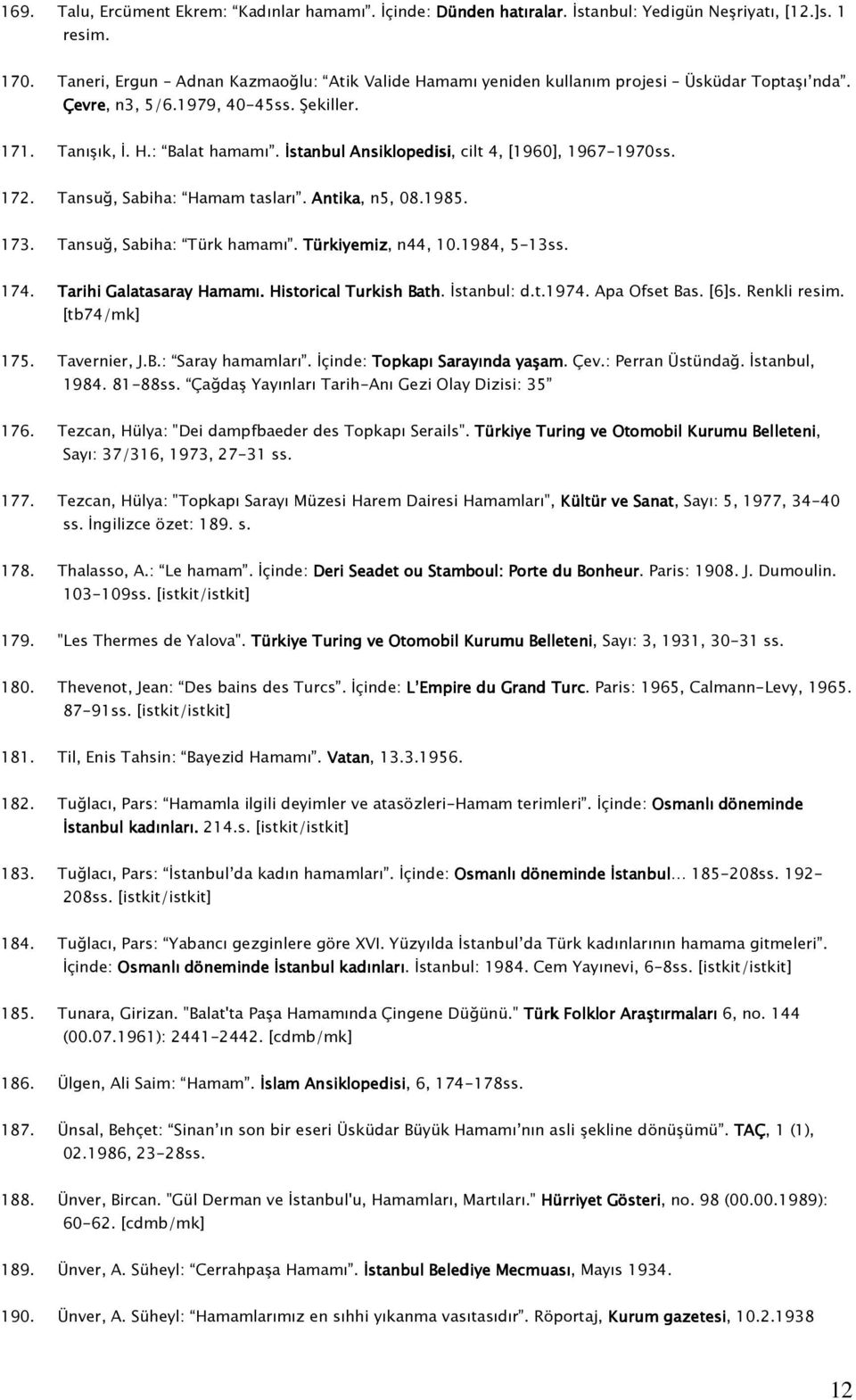 İstanbul Ansiklopedisi, cilt 4, [1960], 1967-1970ss. 172. Tansuğ, Sabiha: Hamam tasları. Antika, n5, 08.1985. 173. Tansuğ, Sabiha: Türk hamamı. Türkiyemiz, n44, 10.1984, 5-13ss. 174.