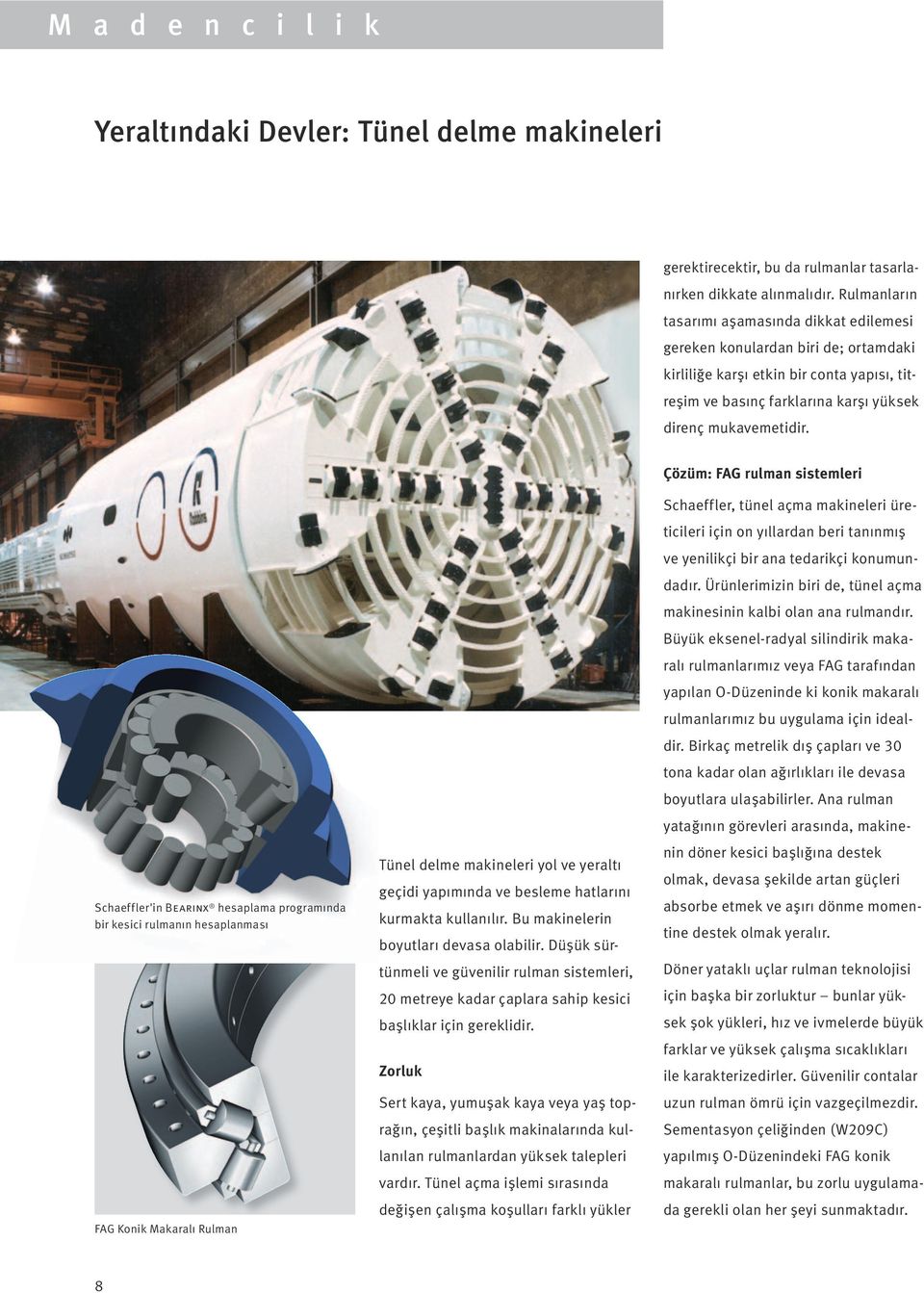 Schaeffler'in Bearinx hesaplama programında bir kesici rulmanın hesaplanması FAG Konik Makaralı Rulman Tünel delme makineleri yol ve yeraltı geçidi yapımında ve besleme hatlarını kurmakta kullanılır.