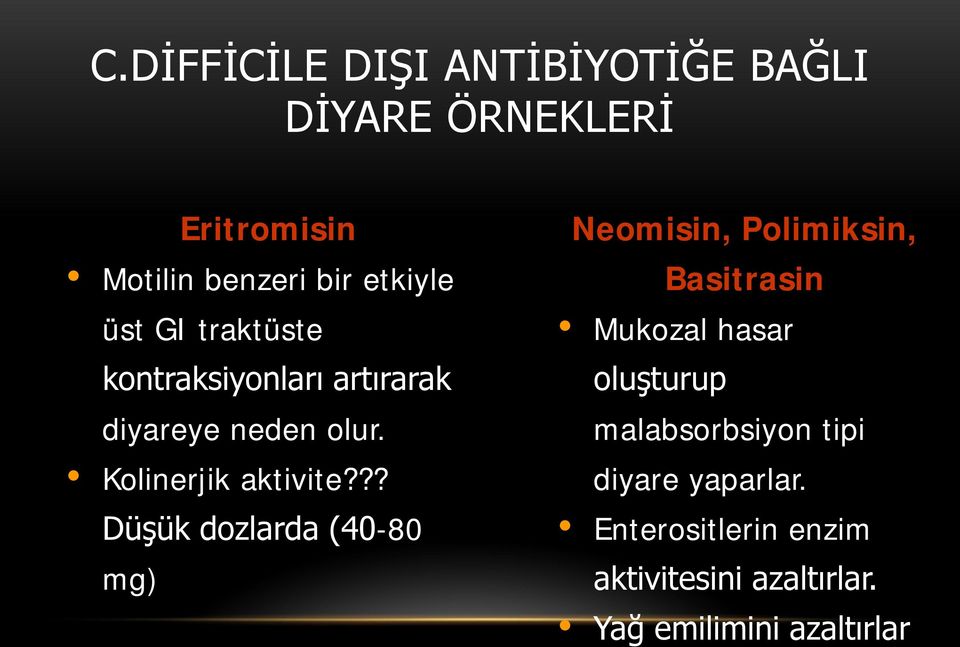 ?? Düşük dozlarda (40-80 mg) Neomisin, Polimiksin, Basitrasin Mukozal hasar oluşturup