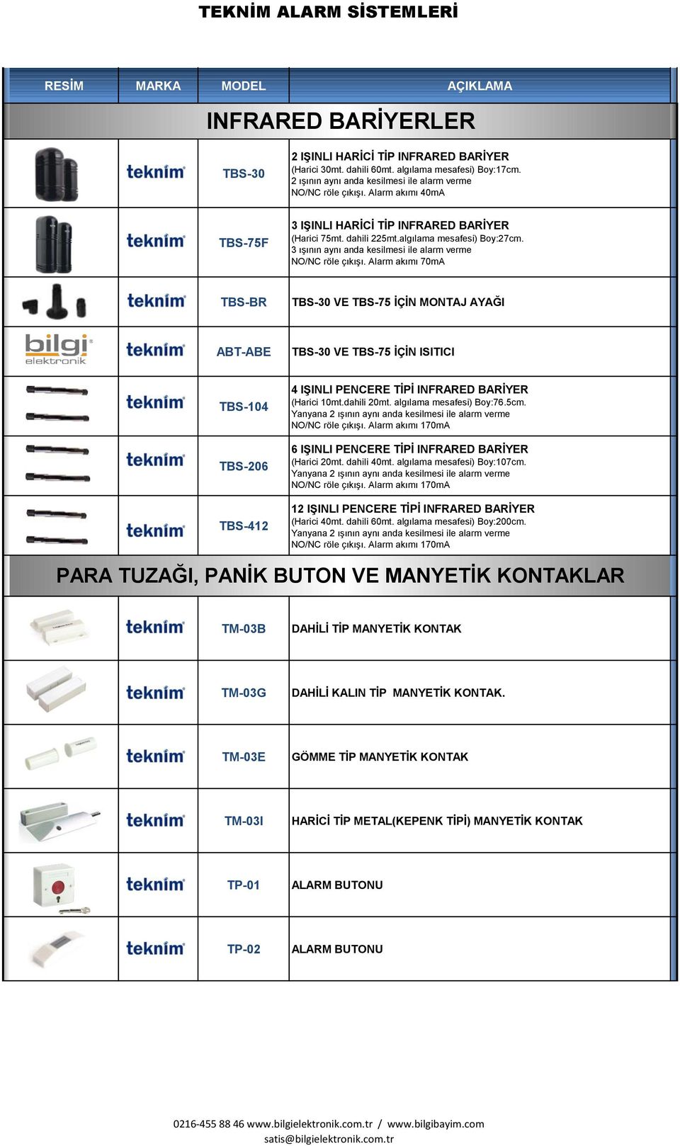 Alarm akımı 70mA TBS-BR TBS-30 VE TBS-75 İÇİN MONTAJ AYAĞI ABT-ABE TBS-30 VE TBS-75 İÇİN ISITICI TBS-104 TBS-206 TBS-412 4 IŞINLI PENCERE TİPİ INFRARED BARİYER (Harici 10mt.dahili 20mt.