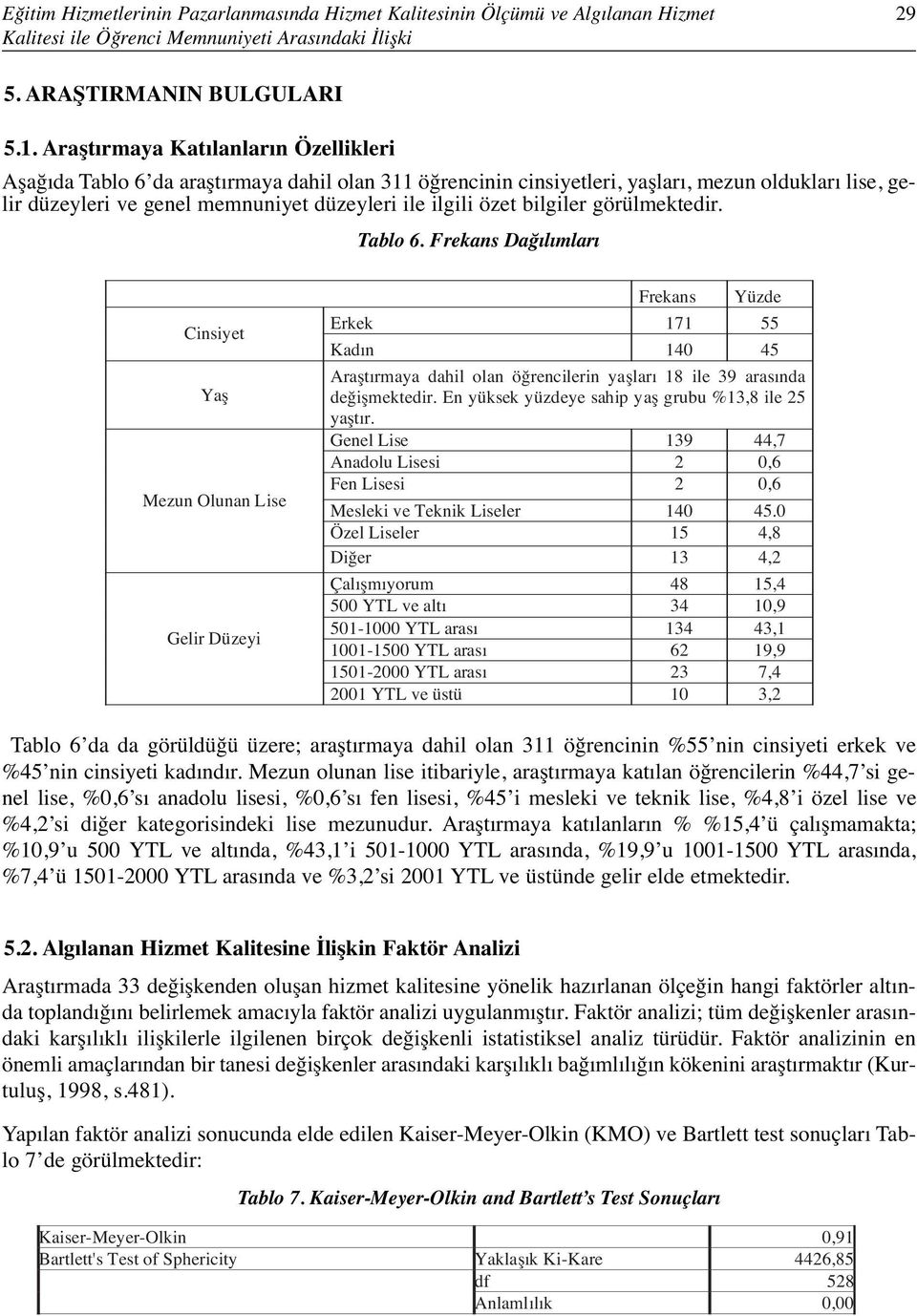 özet bilgiler görülmektedir. Tablo 6.