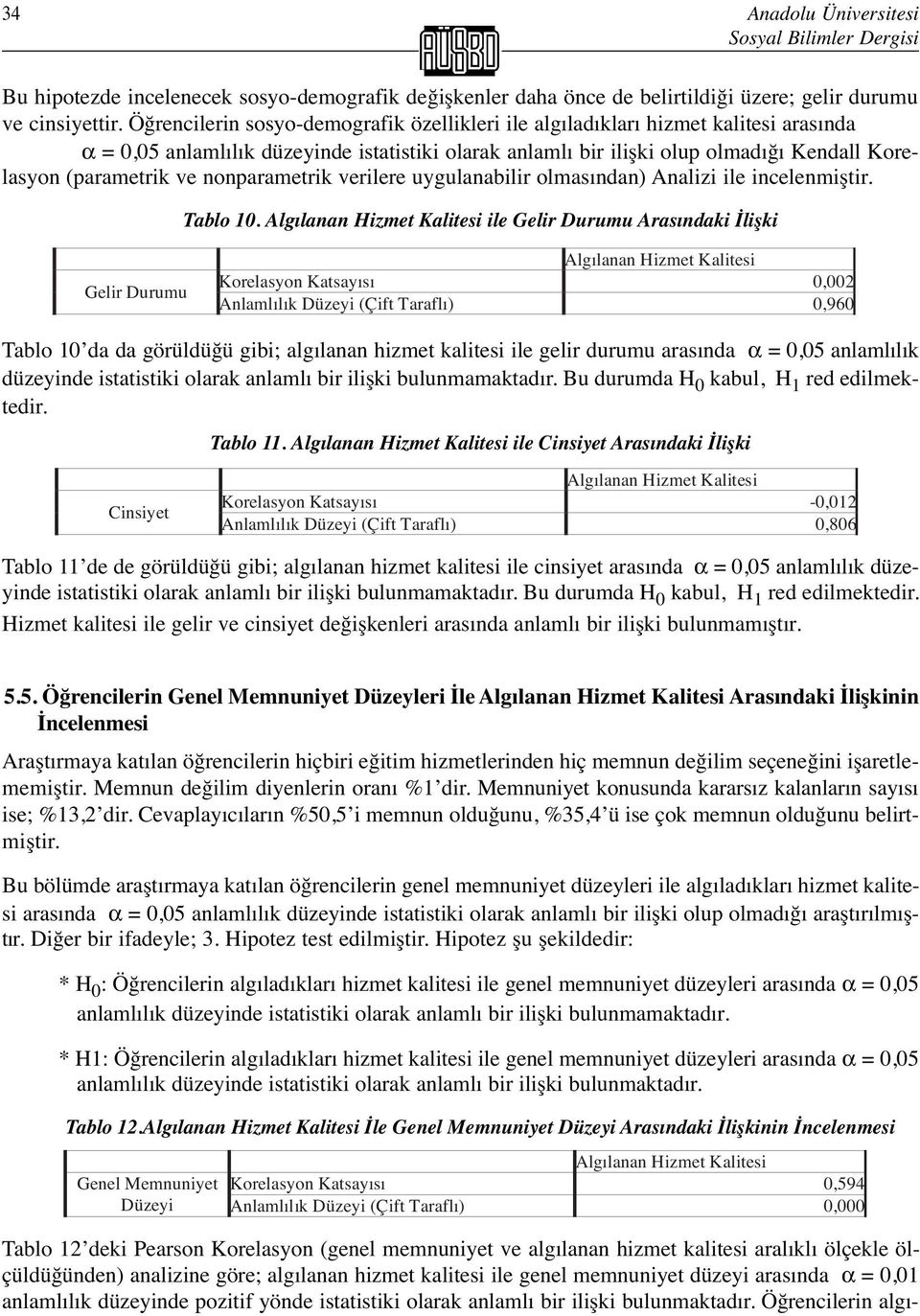 ve nonparametrik verilere uygulanabilir olmasından) Analizi ile incelenmiştir. Tablo 10.