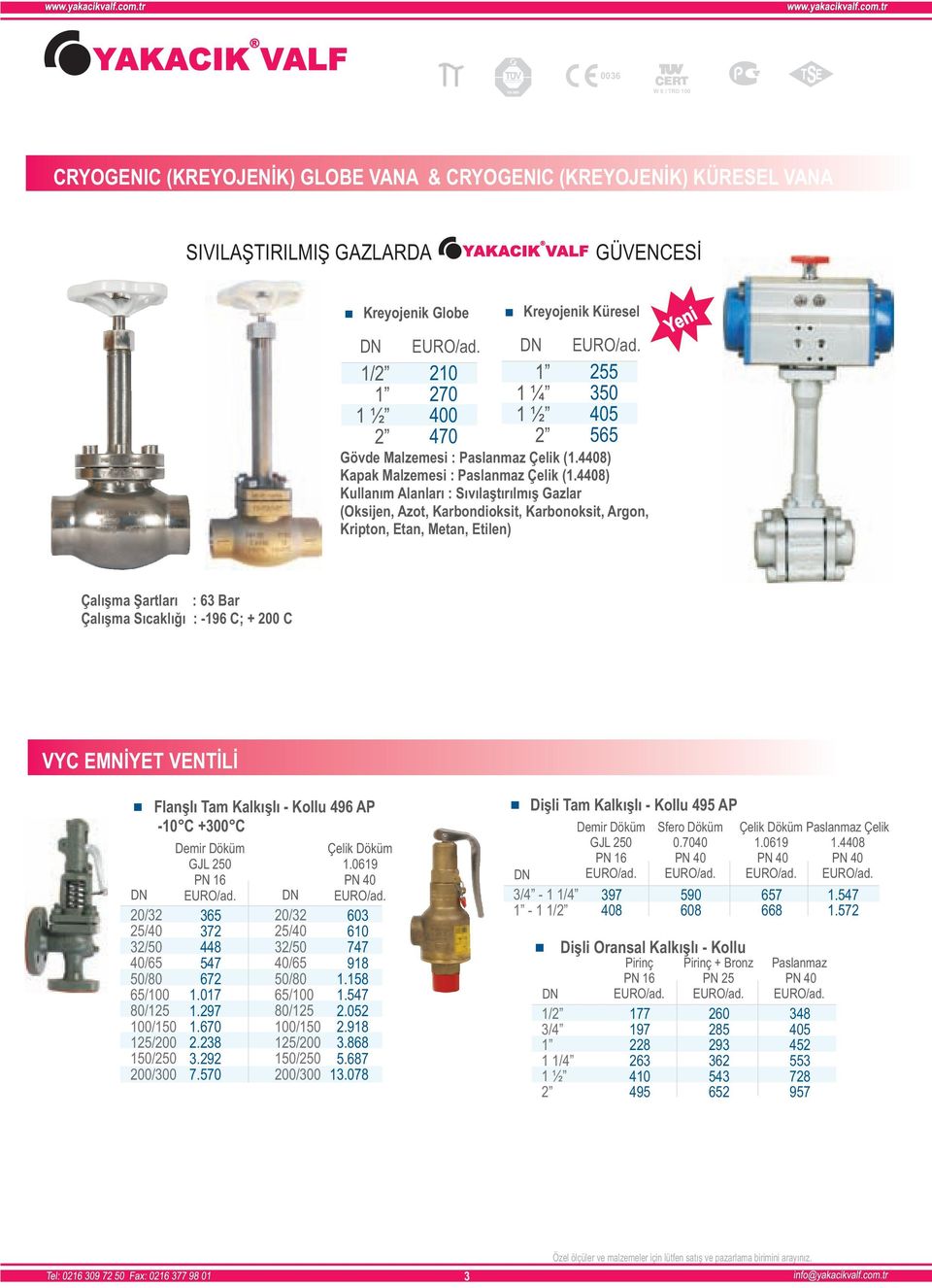 48) Kullanım Alanları : ıvılaştırılmış Gazlar (Oksijen, Azot, Karbondioksit, Karbonoksit, Argon, Kripton, Etan, Metan, Etilen) Çalışma Şartları : 63 Bar Çalışma ıcaklığı : 196 ; + VY EMNİYET VENTİLİ