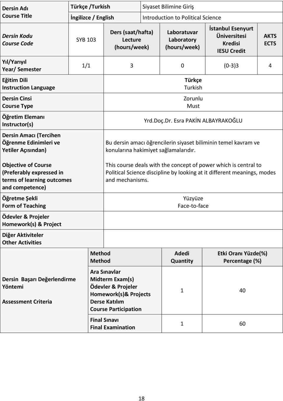 (hours/week) İstanbul Esenyurt Üniversitesi Kredisi IESU Credit 1/1 3 0 (0-3)3 4 Türkçe Turkish Zorunlu Must Yrd.Doç.Dr.