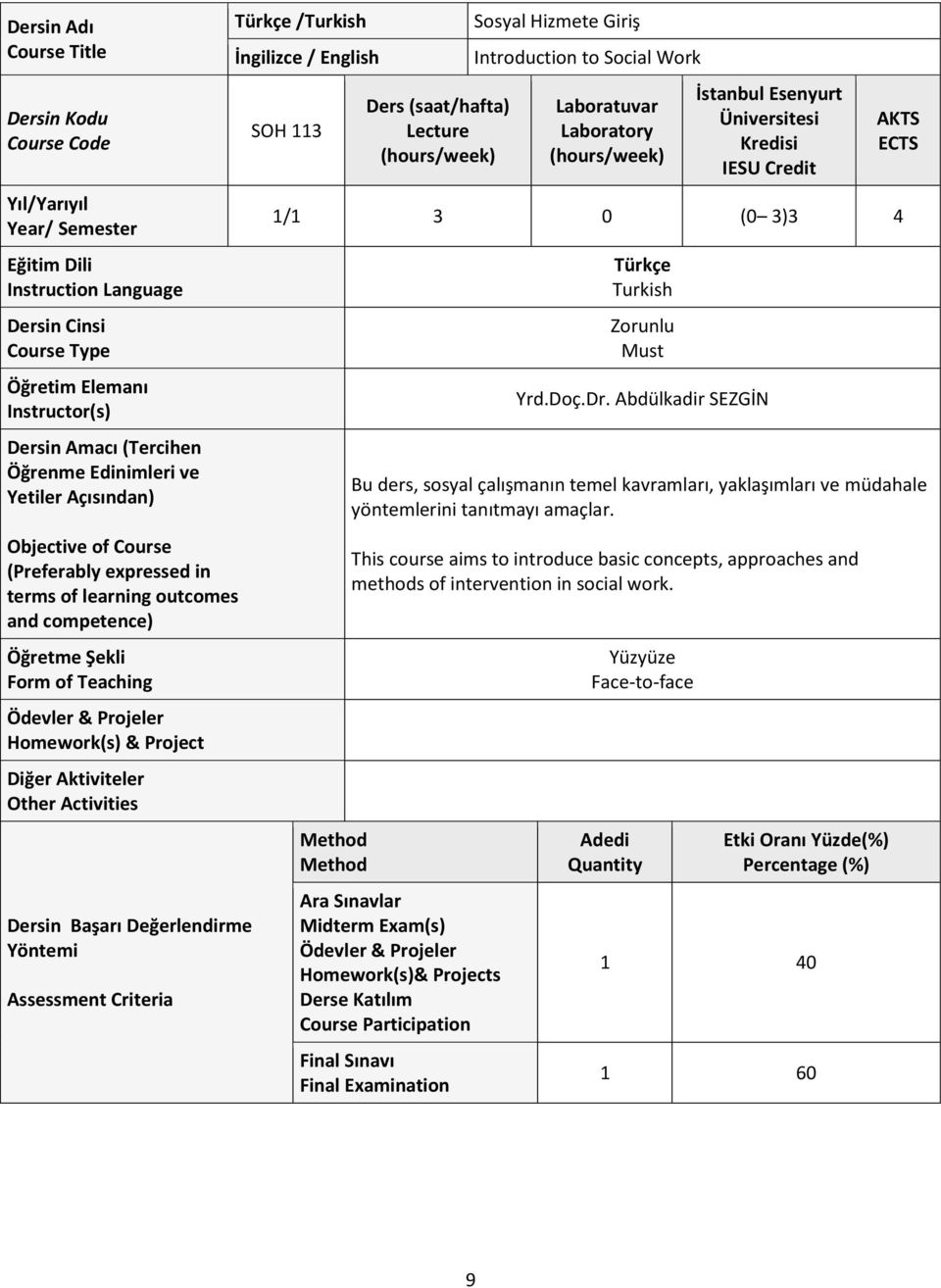 Aktiviteler Other Activities Dersin Başarı Değerlendirme Yöntemi Assessment Criteria Türkçe /Turkish İngilizce / English SOH 113 Ders (saat/hafta) Lecture (hours/week) Sosyal Hizmete Giriş