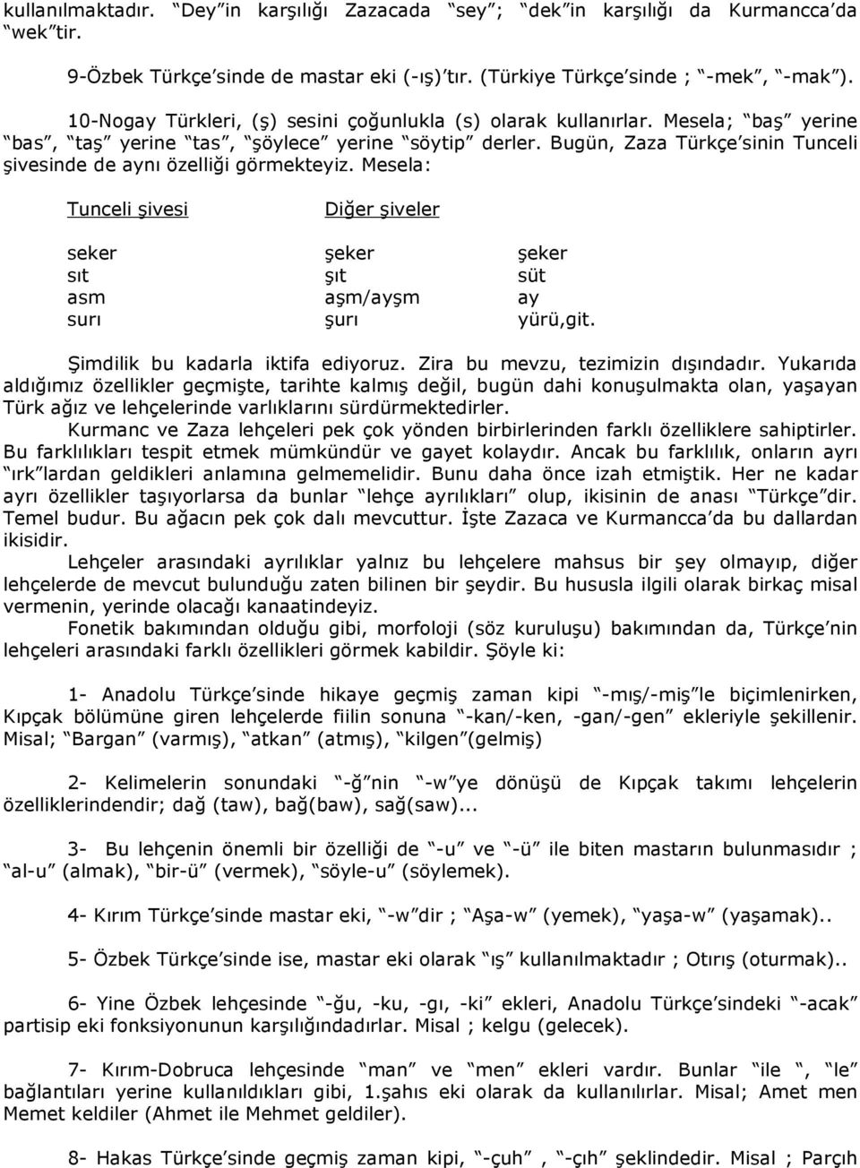 Bugün, Zaza Türkçe sinin Tunceli şivesinde de aynı özelliği görmekteyiz. Mesela: Tunceli şivesi Diğer şiveler seker şeker şeker sıt şıt süt asm aşm/ayşm ay surı şurı yürü,git.