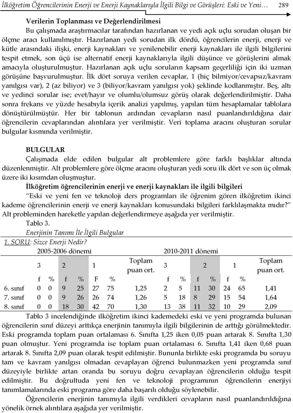 Hazırlanan yedi sorudan ilk dördü, öğrencilerin enerji, enerji ve kütle arasındaki ilişki, enerji kaynakları ve yenilenebilir enerji kaynakları ile ilgili bilgilerini tespit etmek, son üçü ise