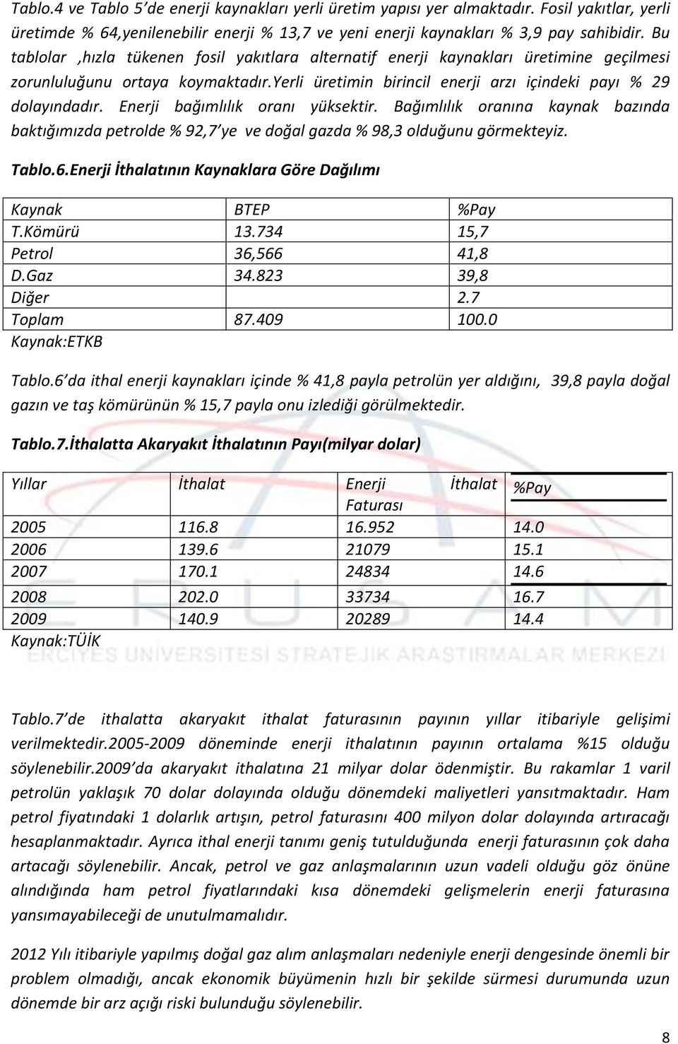 Enerji bağımlılık oranı yüksektir. Bağımlılık oranına kaynak bazında baktığımızda petrolde % 92,7 ye ve doğal gazda % 98,3 olduğunu görmekteyiz. Tablo.6.