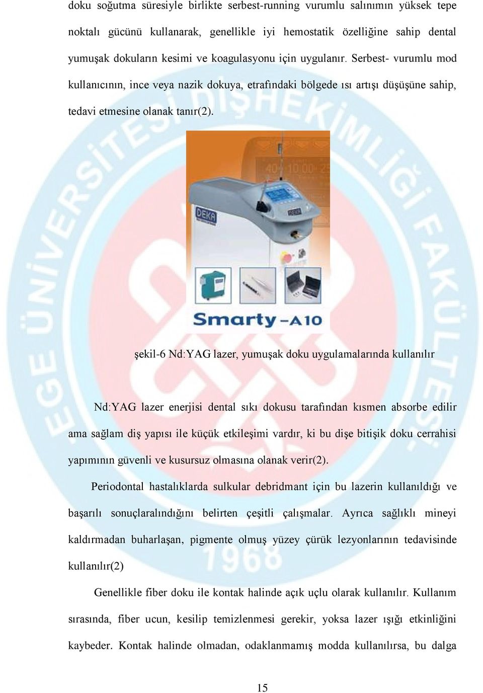 şekil-6 Nd:YAG lazer, yumuşak doku uygulamalarında kullanılır Nd:YAG lazer enerjisi dental sıkı dokusu tarafından kısmen absorbe edilir ama sağlam diş yapısı ile küçük etkileşimi vardır, ki bu dişe