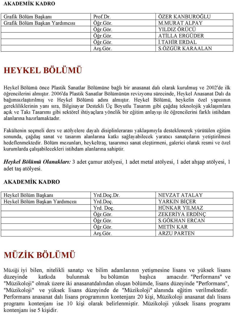 2006'da Plastik Sanatlar Bölümünün revizyonu sürecinde, Heykel Anasanat Dalı da bağımsızlaştırılmış ve Heykel Bölümü adını almıştır.