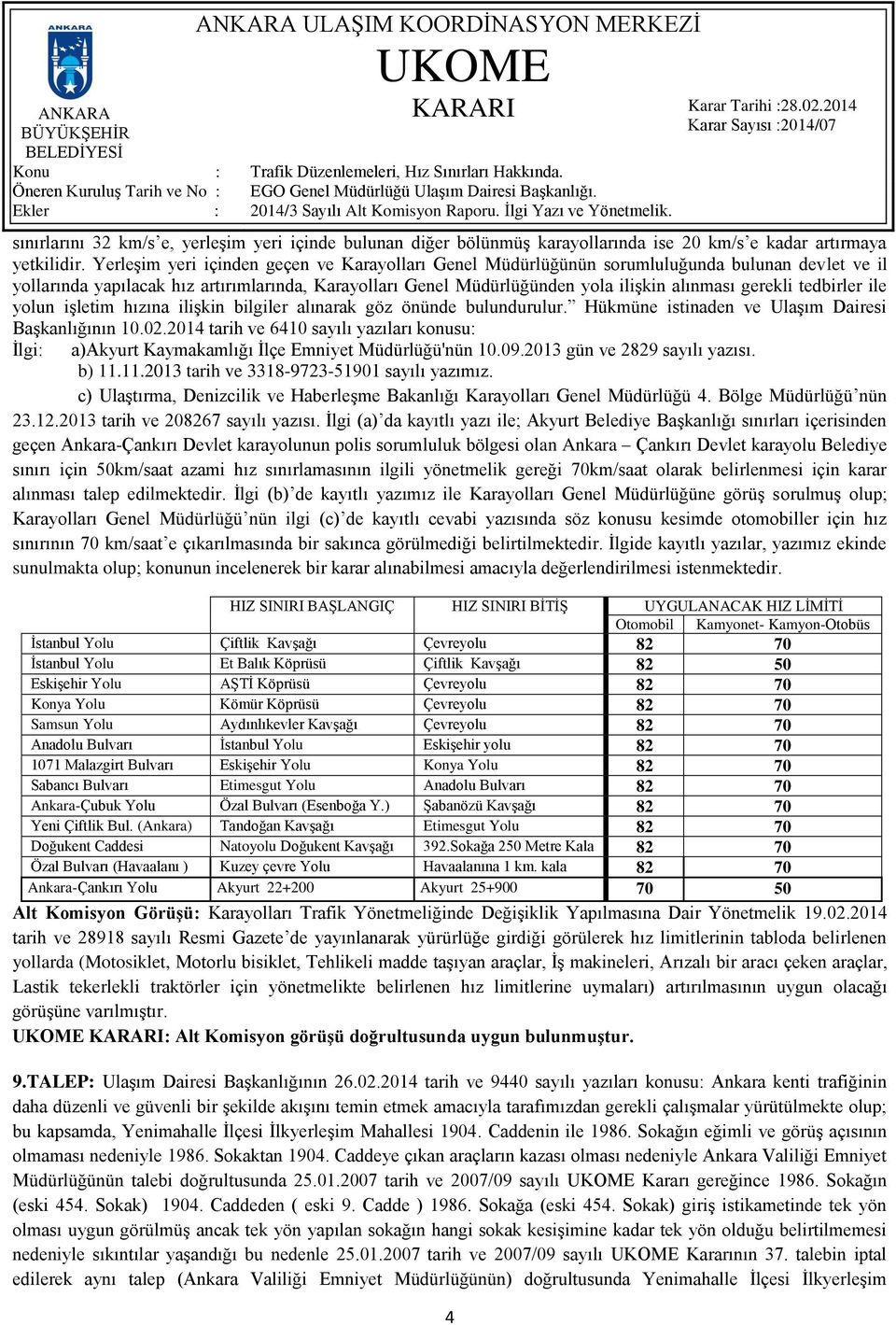 gerekli tedbirler ile yolun işletim hızına ilişkin bilgiler alınarak göz önünde bulundurulur. Hükmüne istinaden ve Ulaşım Dairesi Başkanlığının 10.02.