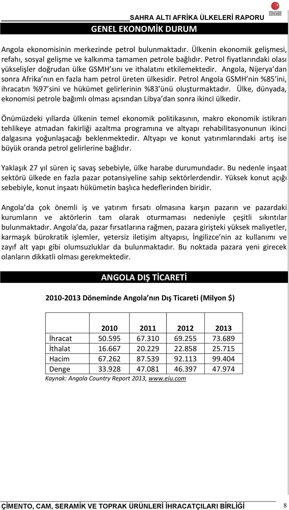 Petrol Angola GSMH nin %85 ini, ihracatın %97 sini ve hükümet gelirlerinin %83 ünü oluşturmaktadır. Ülke, dünyada, ekonomisi petrole bağımlı olması açısından Libya dan sonra ikinci ülkedir.