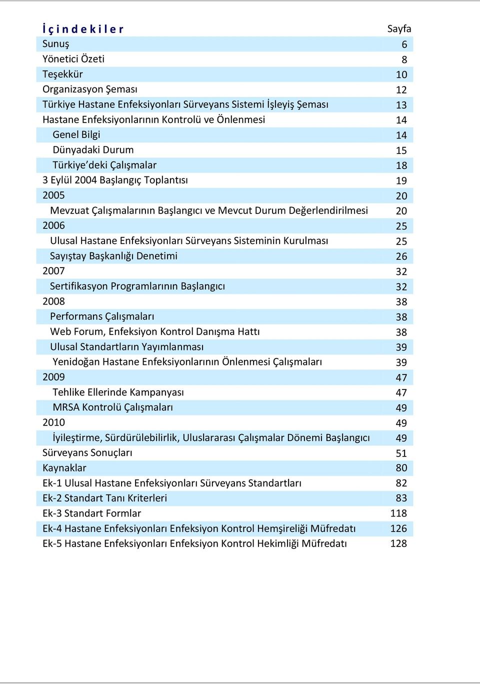 Durum 15 Türkiye deki Çalışmalar 18 3 Eylül 2004 Başlangıç Toplantısı 19 2005 20 Mevzuat Çalışmalarının Başlangıcı ve Mevcut Durum Değerlendirilmesi 20 2006 25 Ulusal Hastane Enfeksiyonları Sürveyans