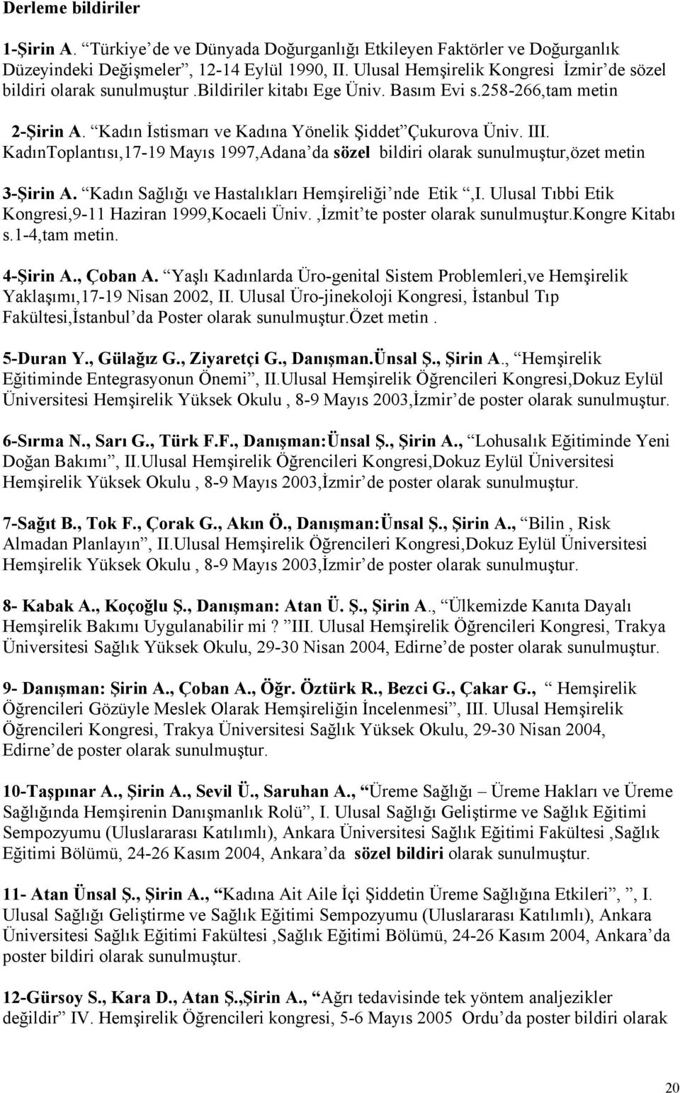 KadınToplantısı,17-19 Mayıs 1997,Adana da sözel bildiri olarak sunulmuştur,özet metin 3-Şirin A. Kadın Sağlığı ve Hastalıkları Hemşireliği nde Etik,I.