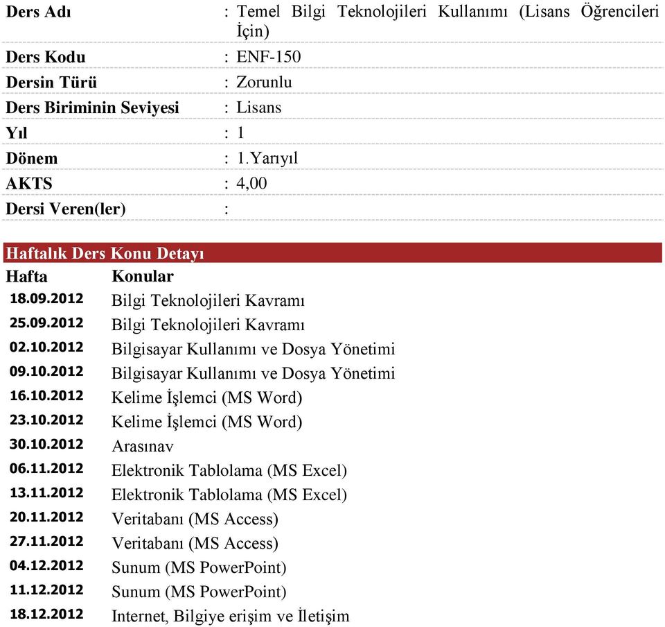 2012 Bilgisayar Kullanımı ve Dosya Yönetimi 09.10.2012 Bilgisayar Kullanımı ve Dosya Yönetimi 16.10.2012 Kelime İşlemci (MS Word) 23.10.2012 Kelime İşlemci (MS Word) 30.10.2012 Arasınav 06.11.