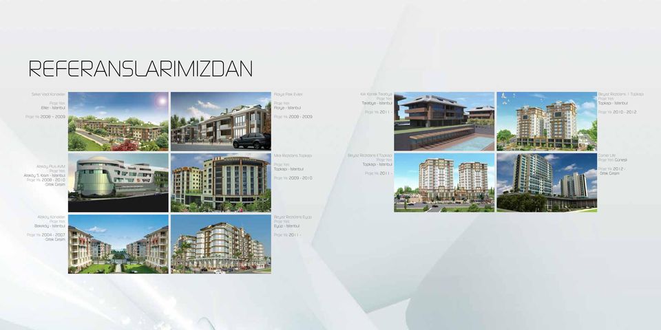 Kısım - İstanbul Proje Yılı: 2008-2010 Ortak Girişim Mira Rezidans Topkapı Proje Yeri: Topkapı - İstanbul Proje Yılı: 2009-2010 Beyaz Rezidans II Topkapı Proje Yeri: Topkapı - İstanbul Proje