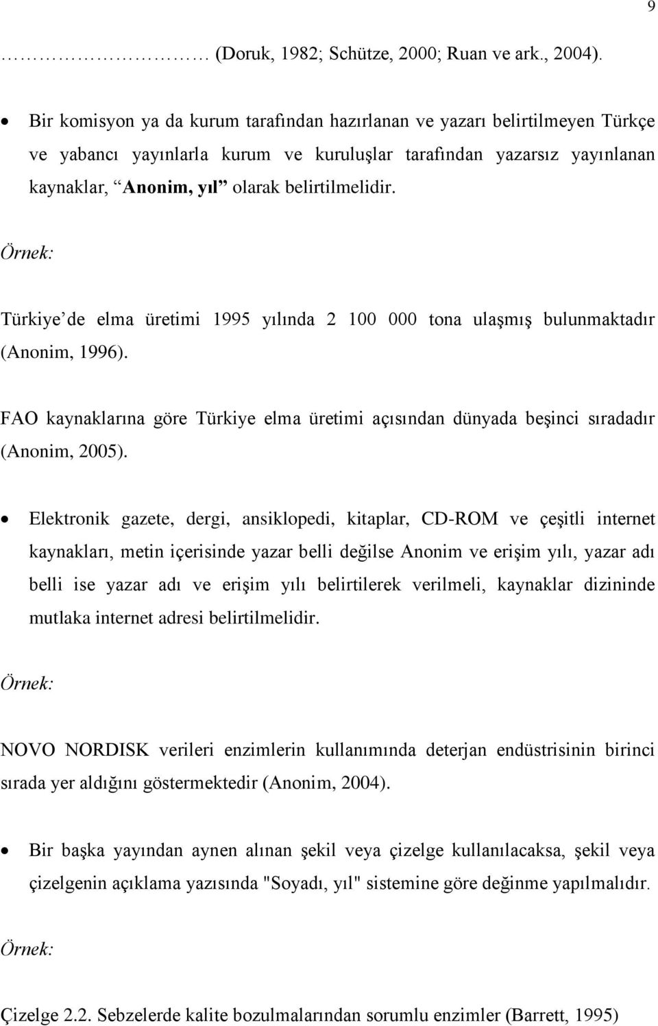 Örnek: Türkiye de elma üretimi 1995 yılında 2 100 000 tona ulaşmış bulunmaktadır (Anonim, 1996). FAO kaynaklarına göre Türkiye elma üretimi açısından dünyada beşinci sıradadır (Anonim, 2005).