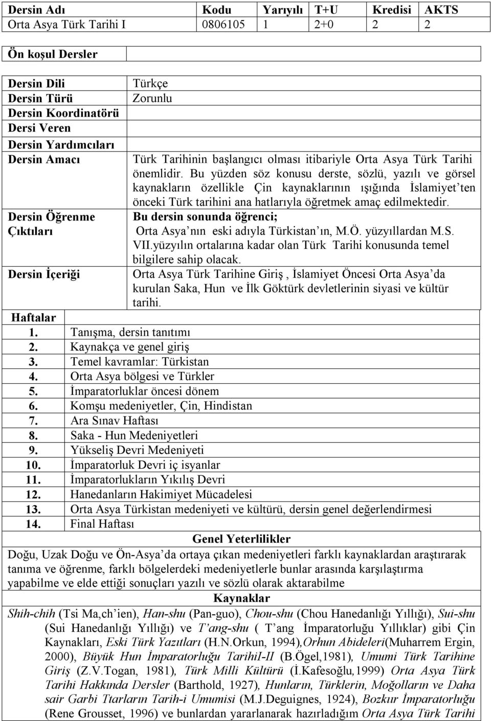 Bu yüzden söz konusu derste, sözlü, yazılı ve görsel kaynakların özellikle Çin kaynaklarının ışığında İslamiyet ten önceki Türk tarihini ana hatlarıyla öğretmek amaç edilmektedir.