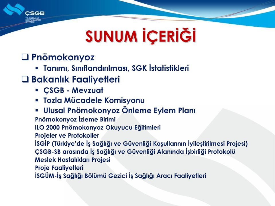 Protokoller İSGİP (Türkiye de İş Sağlığı ve Güvenliği Koşullarının İyileştirilmesi Projesi) ÇSGB-SB arasında İş Sağlığı ve