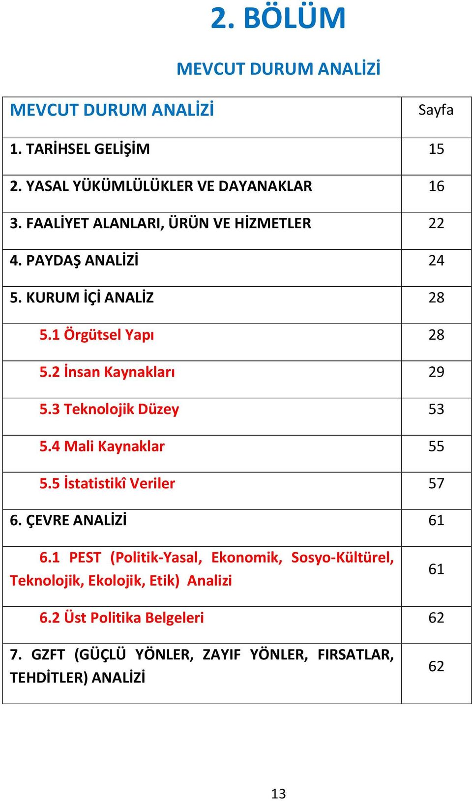 3 Teknolojik Düzey 53 5.4 Mali Kaynaklar 55 5.5 İstatistikî Veriler 57 6. ÇEVRE ANALİZİ 61 6.